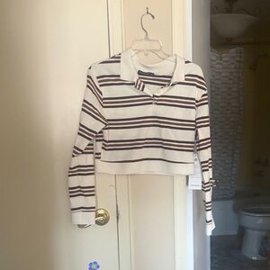 Classic Striped Polo Crop Top - Cream and Brown